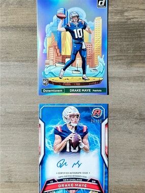 Drake Maye Signed Lot of (2) Downtown & Rookie Resurgence Novelty Cards.
